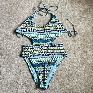 Aerie Swim One Piece Blue Geo Print With Side Cutouts. Size Medium